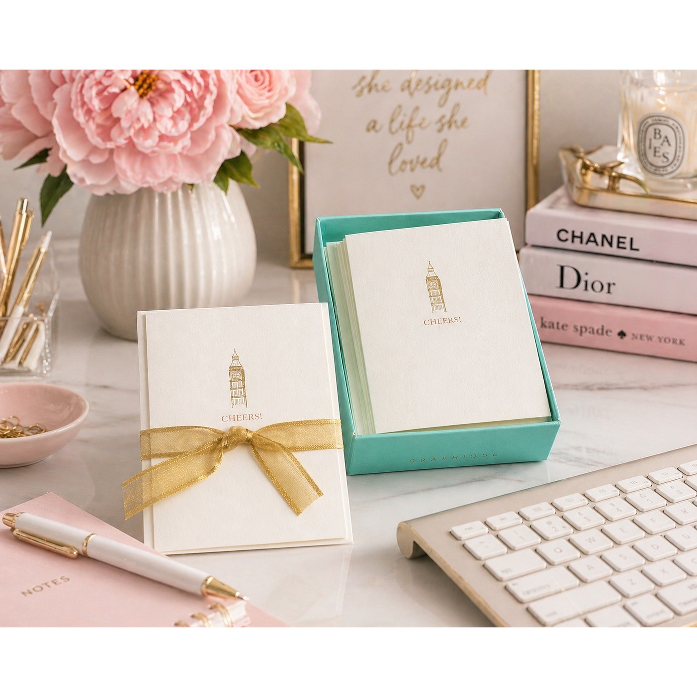 Graphique de France Big Ben Cheers Gold Foil Note Cards Set 10 Boxed