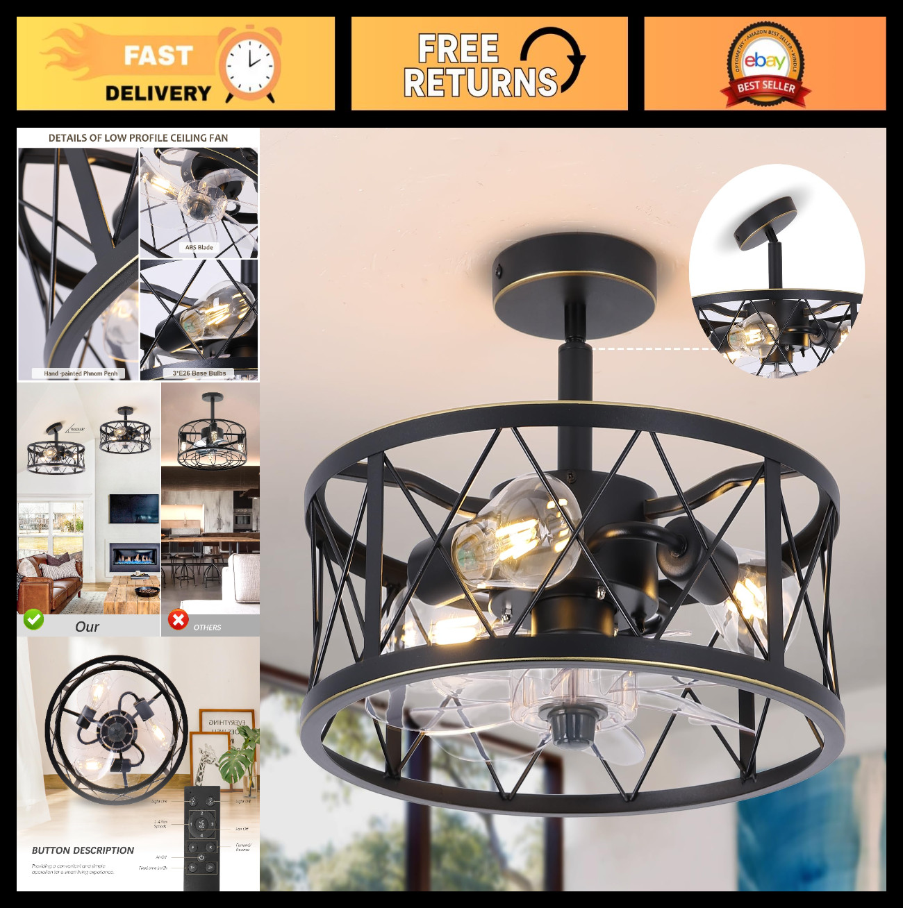 15" Caged Ceiling Fan with Lights & Remote - Industrial Flush Mount, Bladeless f
