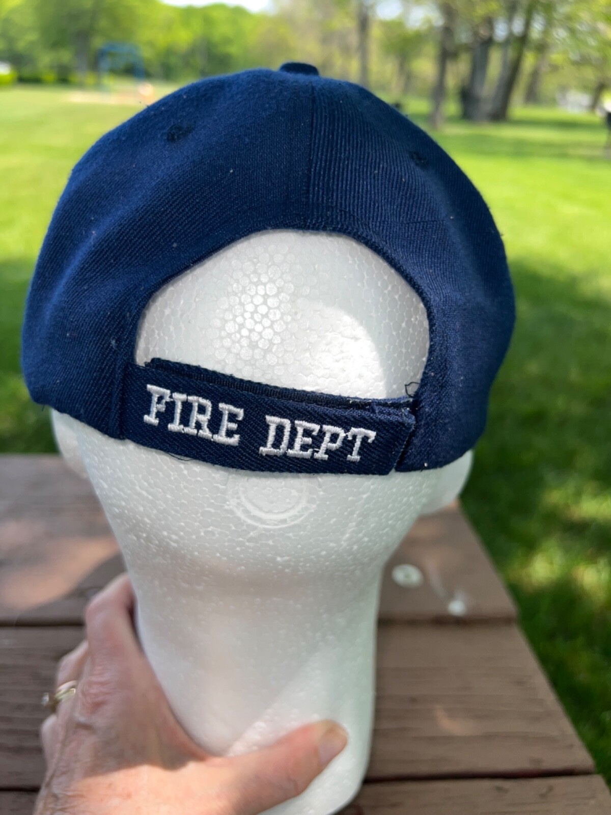 FD Fire Dept Navy Blue RWB Logo Hat Cap Hook Loop Dry Cleaned Good Condition