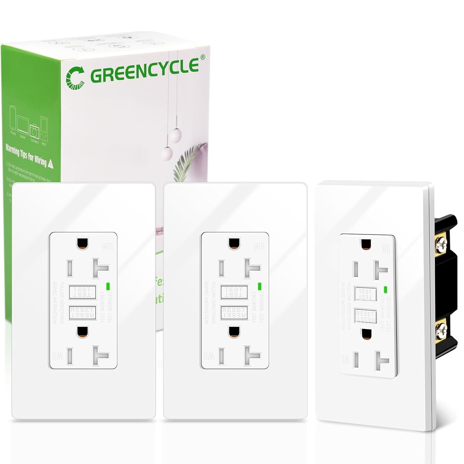 Greencycle 20 Amp GFCI Outlet 3 Pack Weather Resistant White ETL Listed