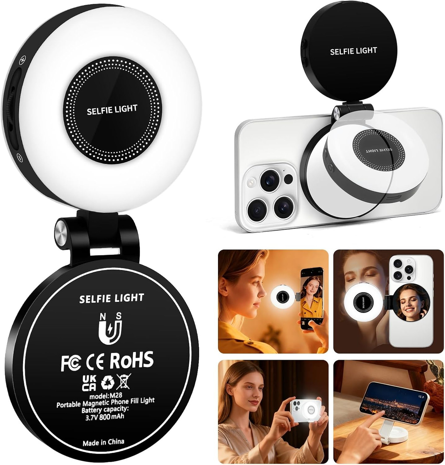 Magnetic Selfie Light for MagSafe iPhone, 3 Light Modes, Rechargeable, 360
