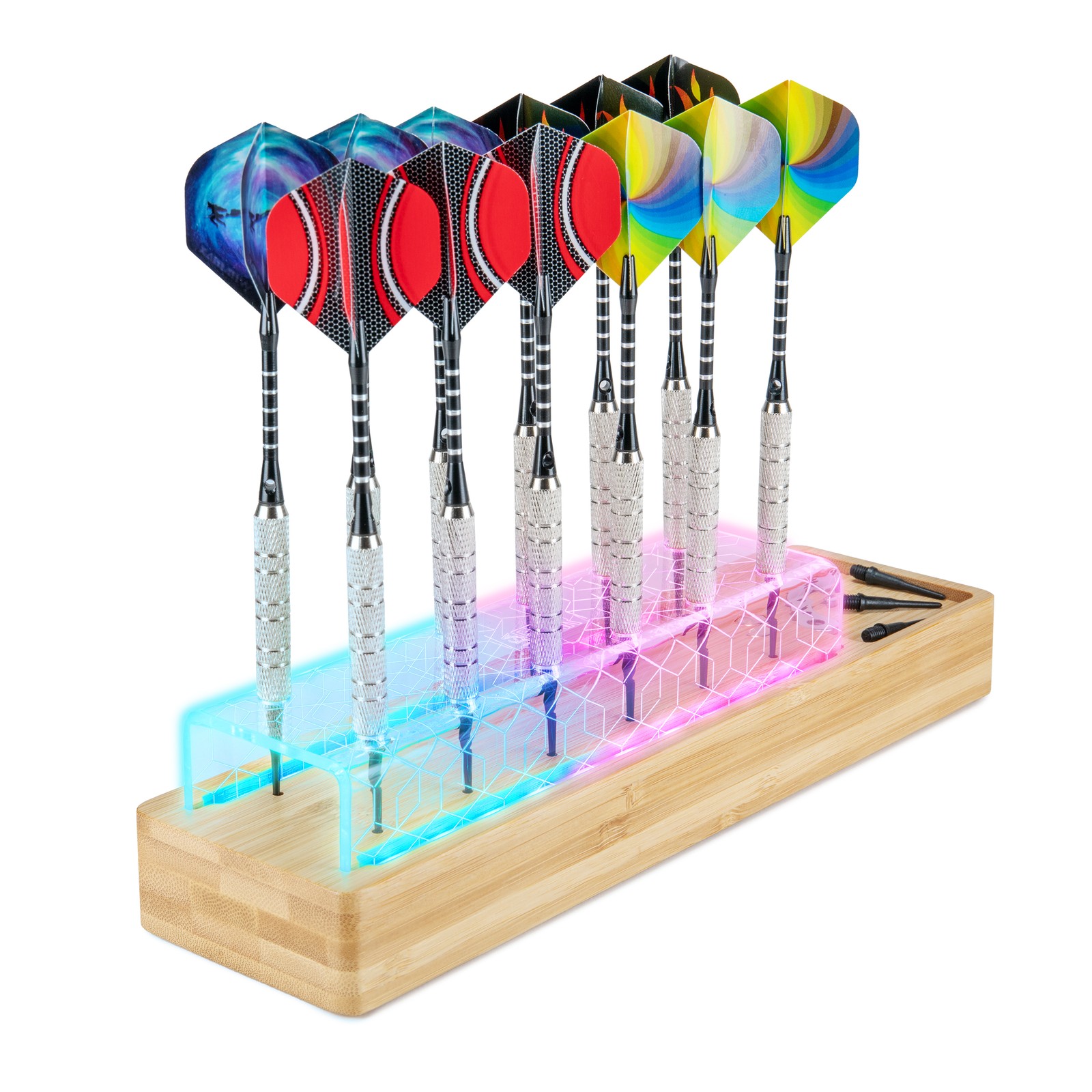 USA Gear Bamboo LED Dart Holder Stand for 12 Darts - 7 Color Display