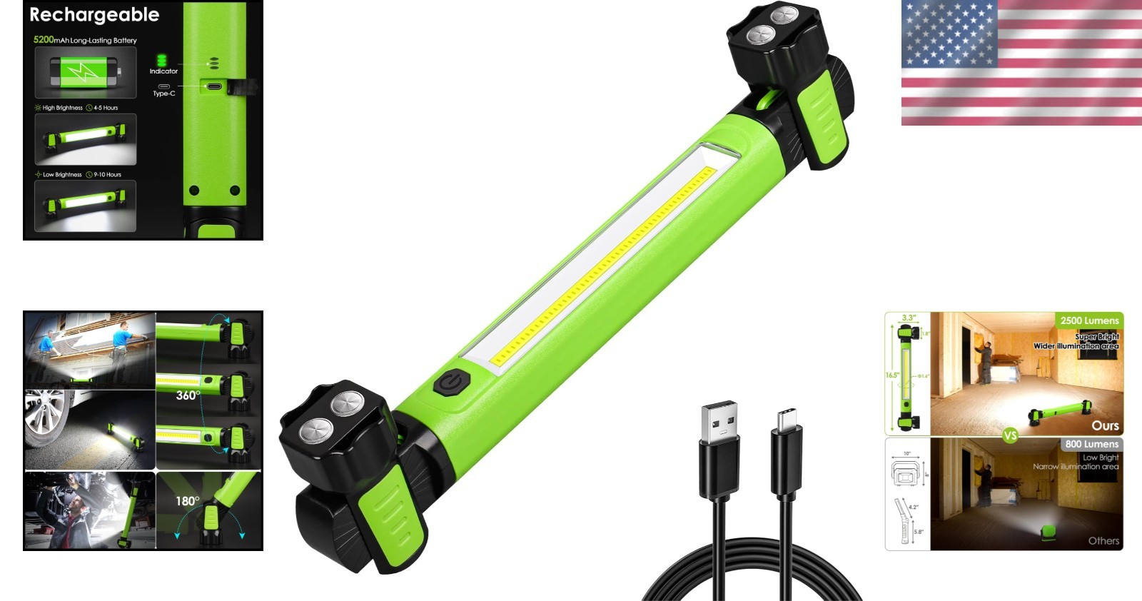 Versatile Rechargeable Work Light - 2-Level Brightness