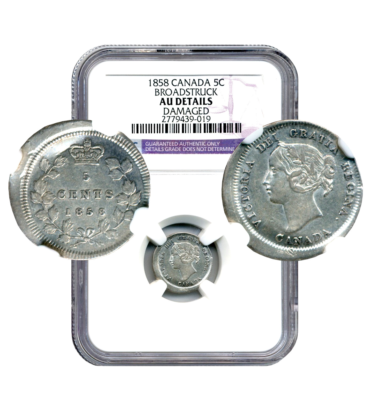 1858 Canada 5 Cents, MINT ERROR, Broadstruck - Large Date RP#2,  NGC AU Details