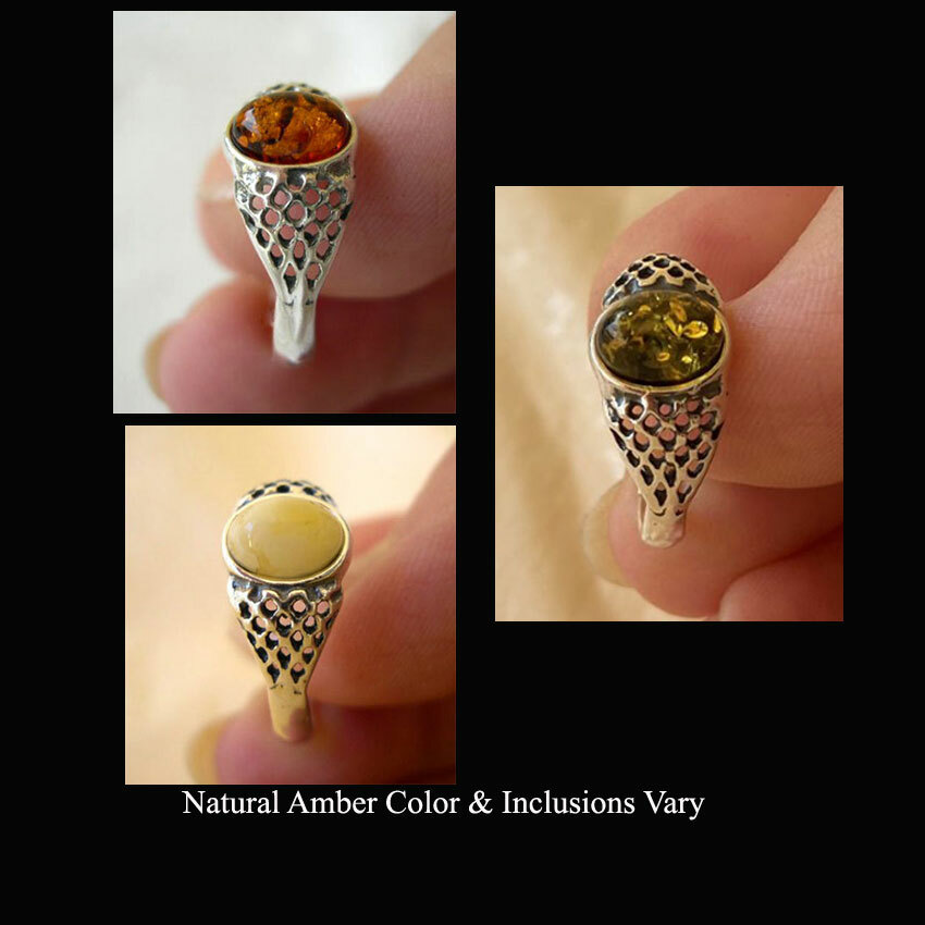 BALTIC BUTTERSCOTCH HONEY or GREEN AMBER & STERLING SILVER HANDMADE RING