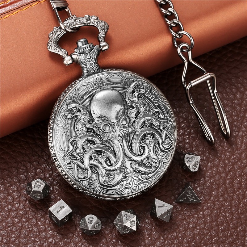 7pcs Solid Metal Polyhedral DND Dice Set in Octopus Pocket Watch Case with Chain