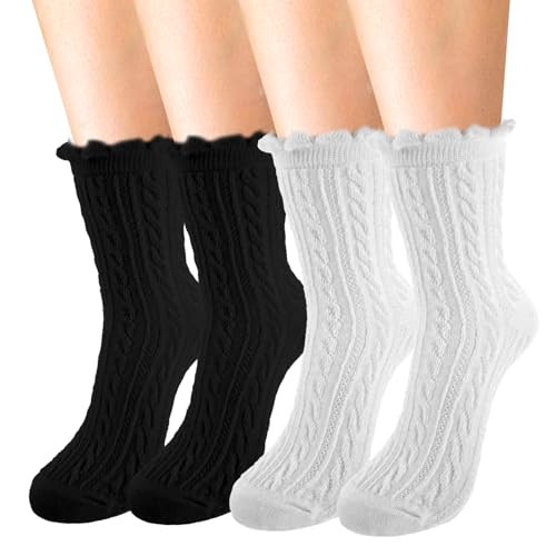 Giantree 4Pcs Women's White Crew Socks - Ruffle & Cable Knit White, Black