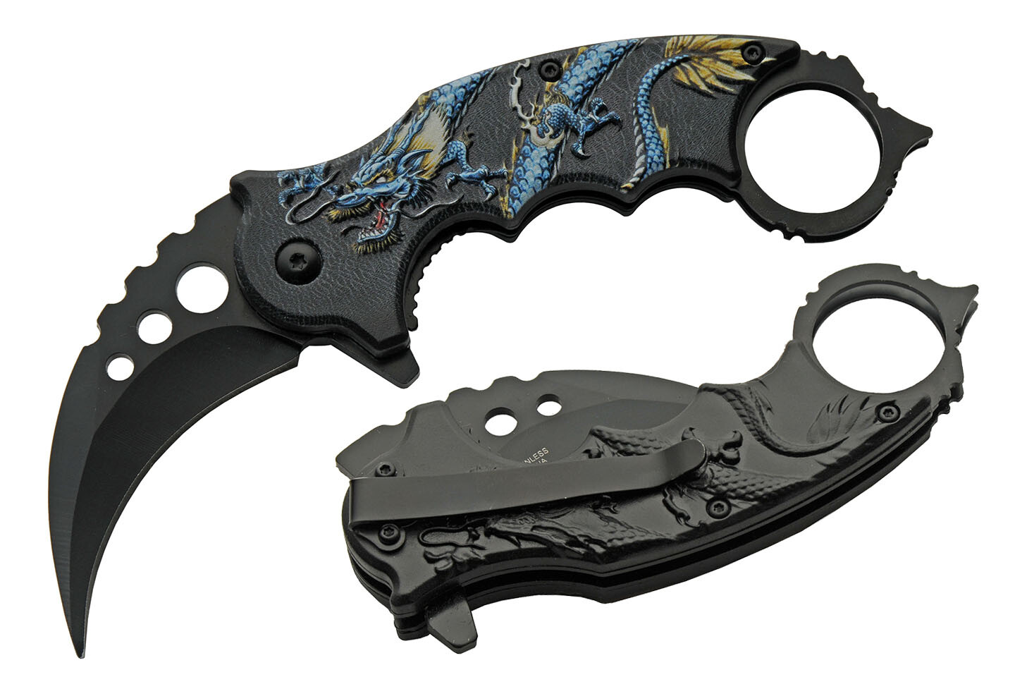 Folding Knife | 3.25in Hawkbill Blade Black Blue Gold Dragon Karambit Claw