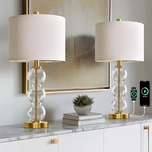 24" Glass Table Lamps Set of 2 Modern Table Lamps with USB Ports for Gold