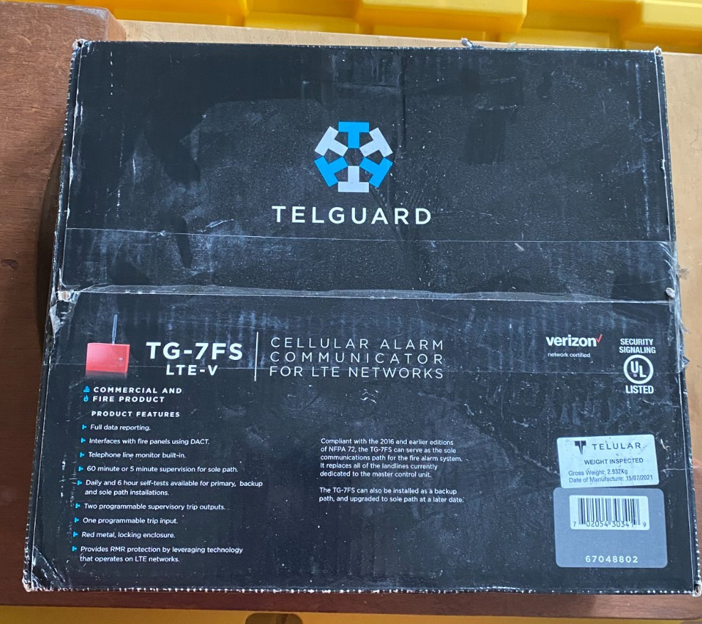 Telguard TG-7FS LTE-V Verizon LTE Cellular Alarm Communicator Fire Security