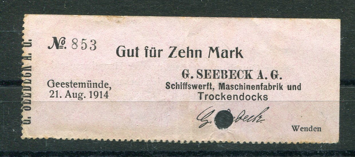 Geestemünde 10 Mark Emergency Money / G.Seebeck A.G 2/17131