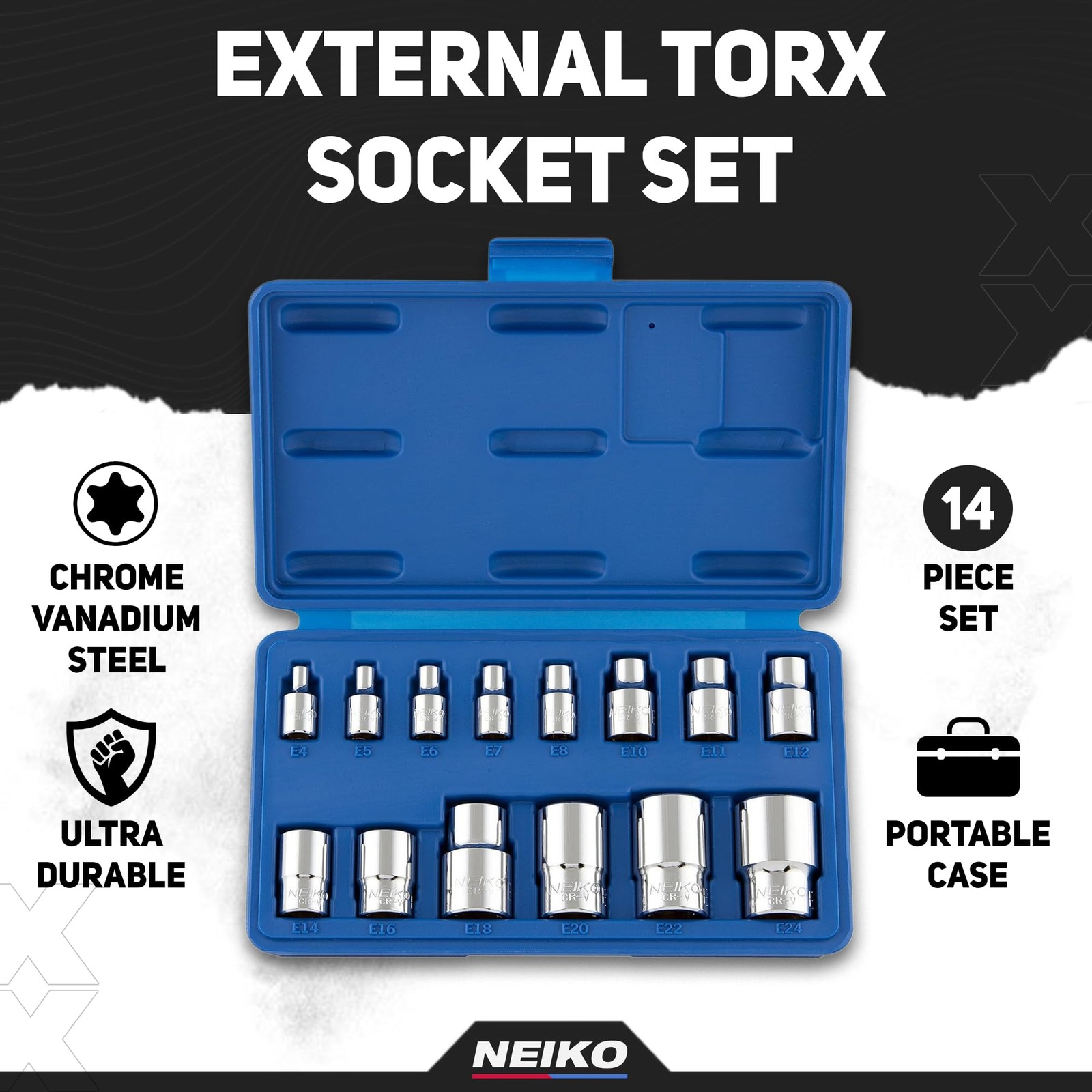 Neiko 04300A E-Torx Socket Set, 14 Piece, External Torx (14pcs)
