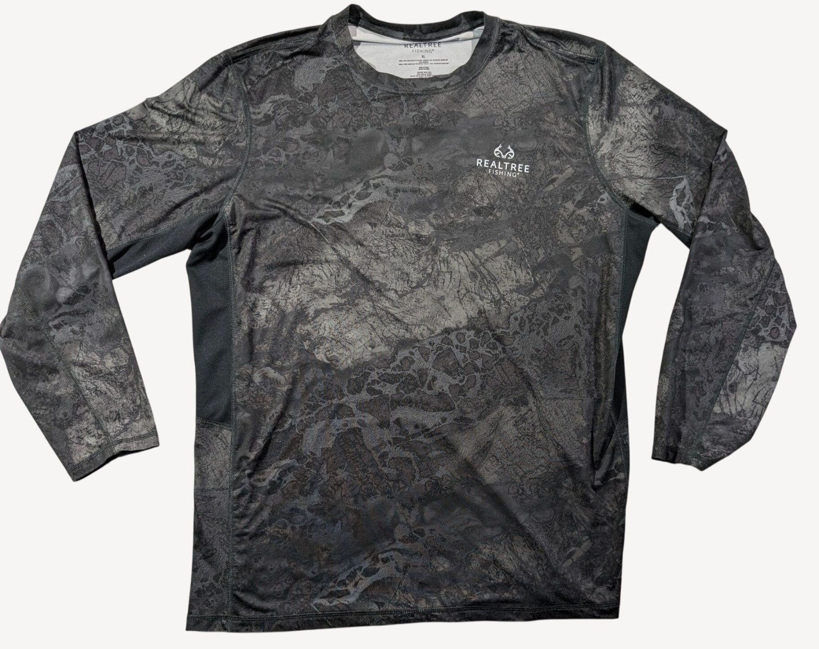 Realtree Fishing Black/Gray Long Sleeve Camo Shirt sz XL Lightweight Crew Neck