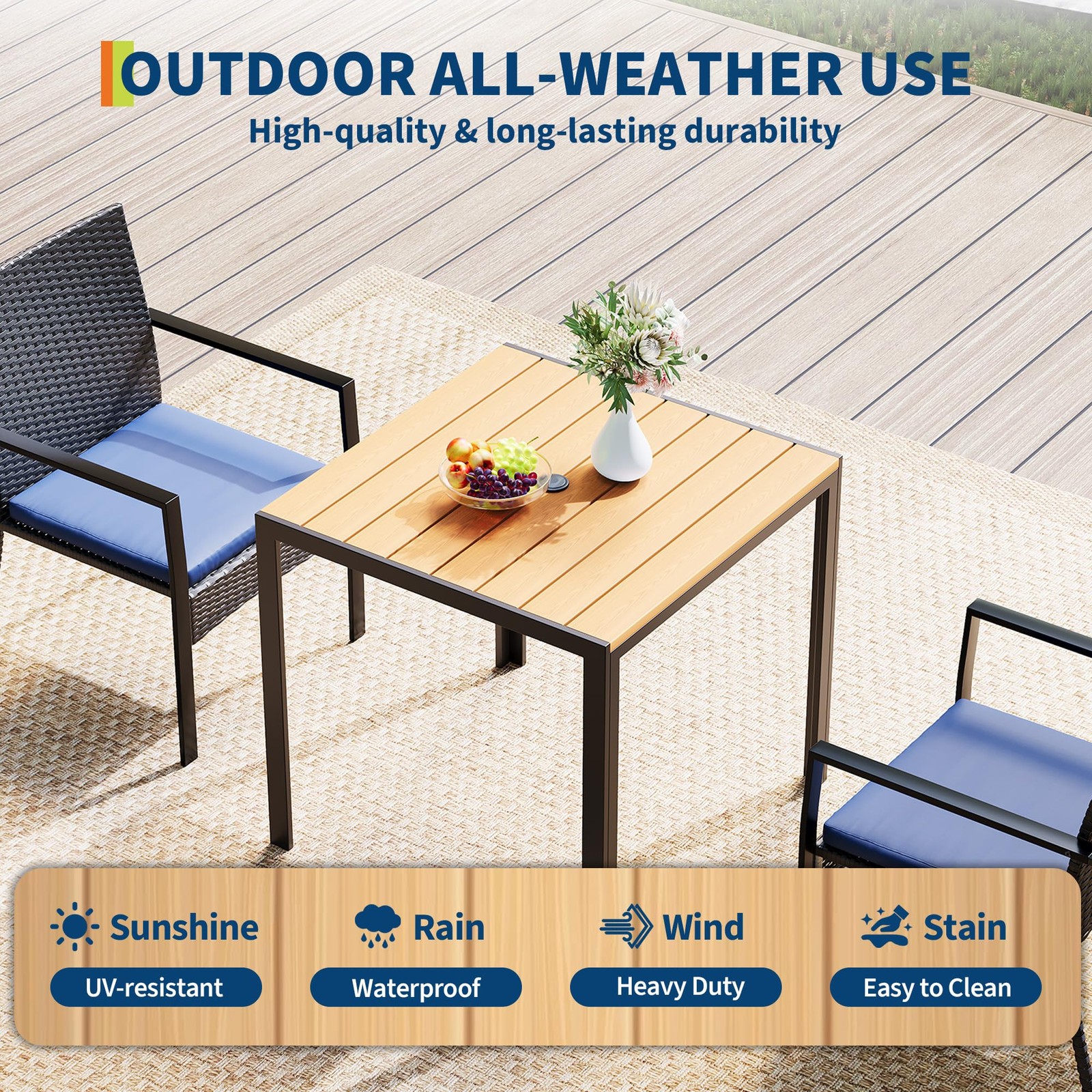 3PC Wicker Patio Dining Set with Table Chairs Umbrella Hole Cushion Black Blue
