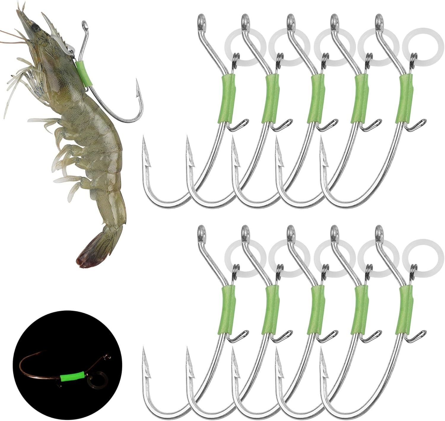 Luminous Live Shrimp Hooks,10PCS High Carbon Steel Saltwater Fishing Hooks