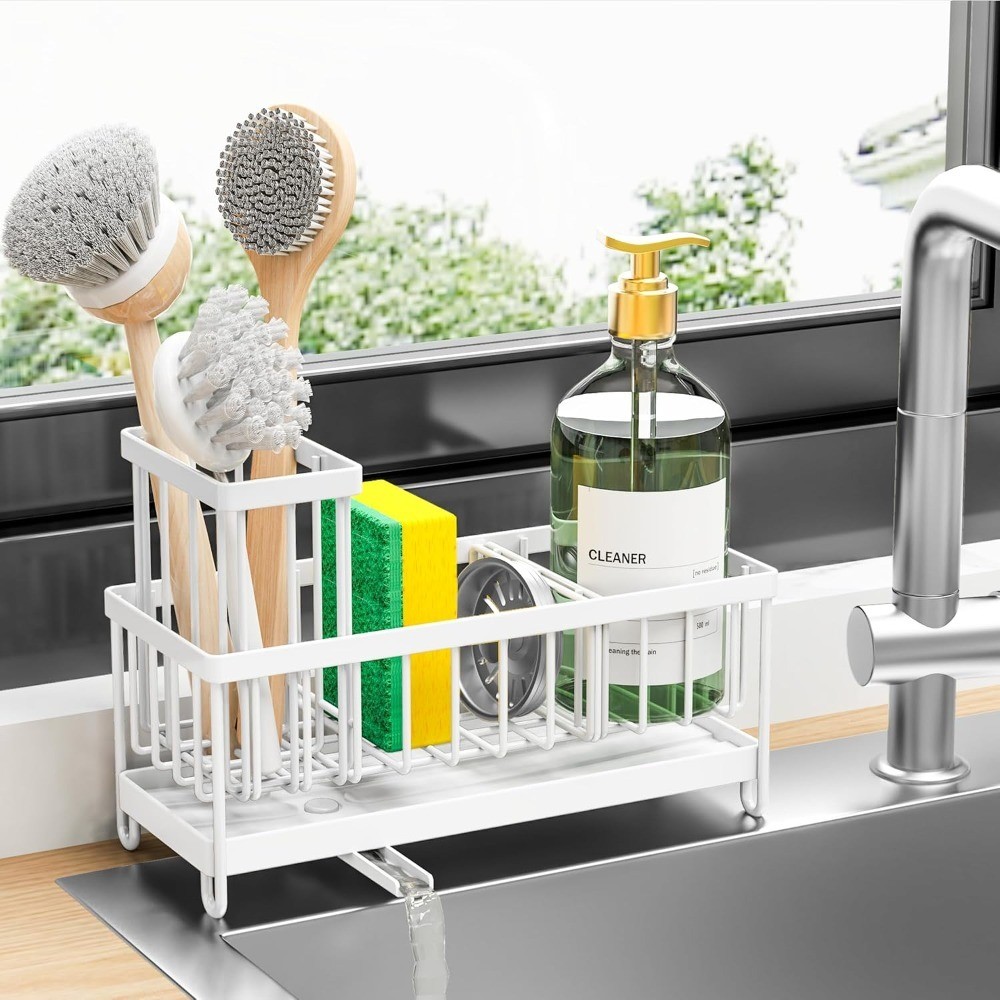 Sponge Holder for Kitchen Sink, Sink Caddy Organizer with High Brush Holder,
