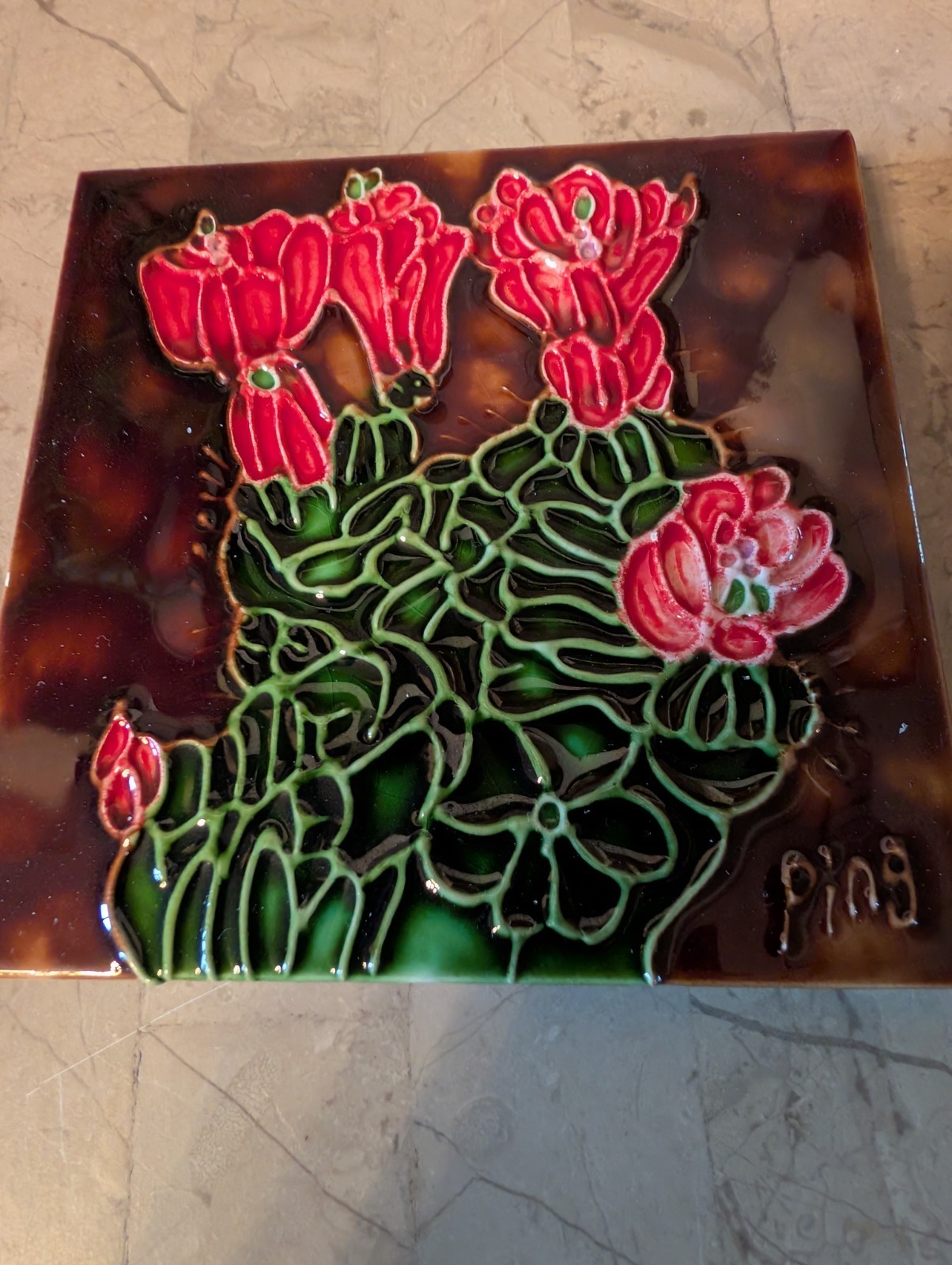 Ping Hand Painted Ceramic Art Textured  Glazed Tile Cactus With Flowers 4"