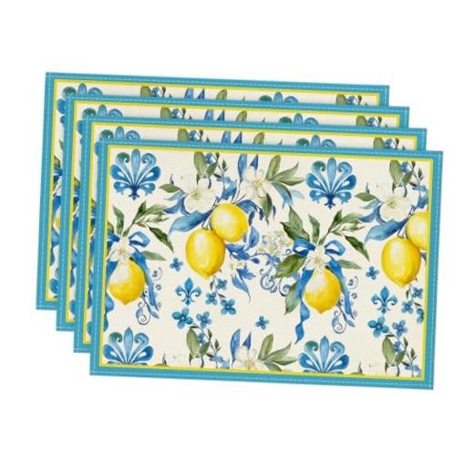 Lemon Iris Summer Placemats Set of 4, 12x18 12" x 18", Rectangular 4 Pcs Blue