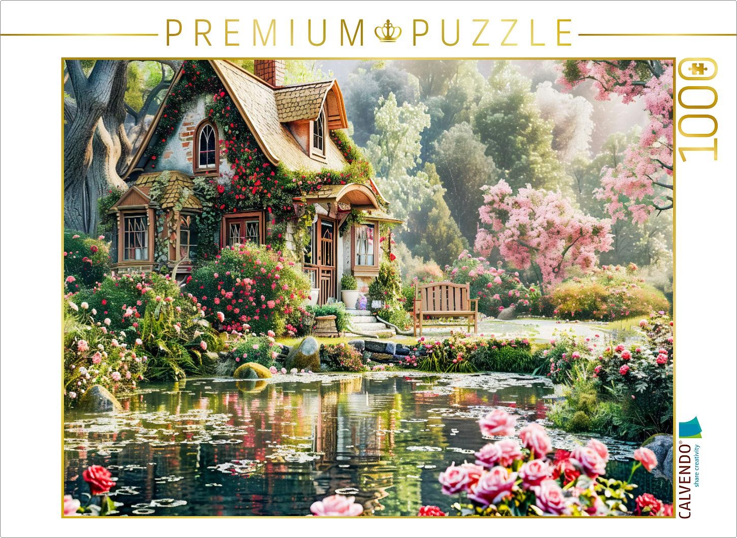 CALVENDO Puzzle Cottage mit üppigem Rosengarten am Teich | 1000 Teile Lege-Größe