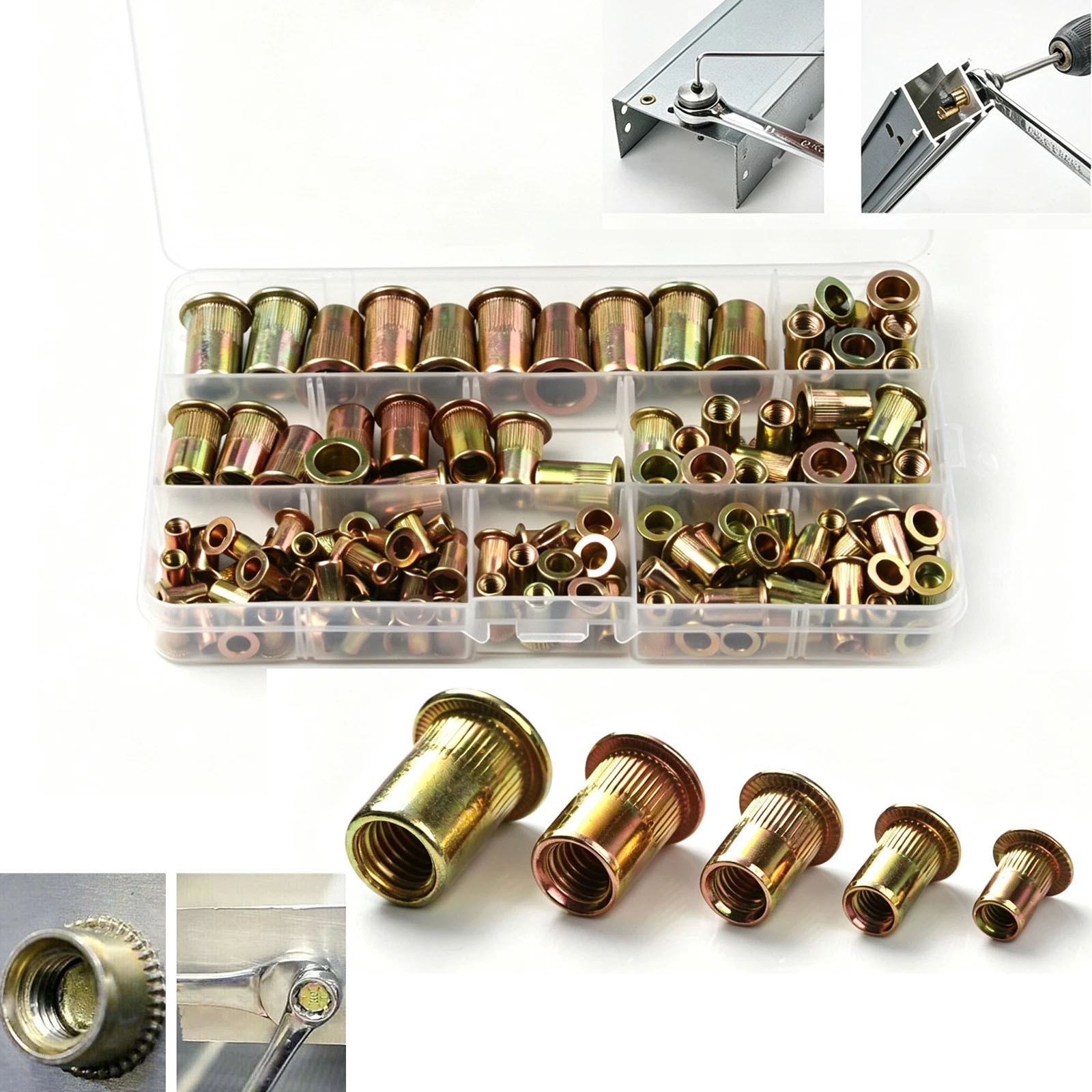 120Pcs Zinc Carbon Steel Rivet Nut Kit – M4-M10, Flat Heads Rivnut Nutsert