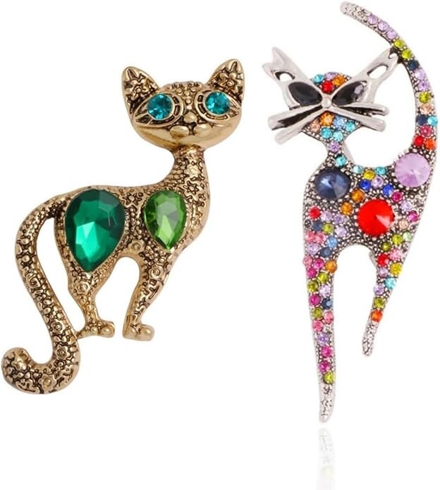 2Pcs Cute Kitten Brooches Pretty Kitty Brooch Full Shining Crystal Cat's Eye Sto
