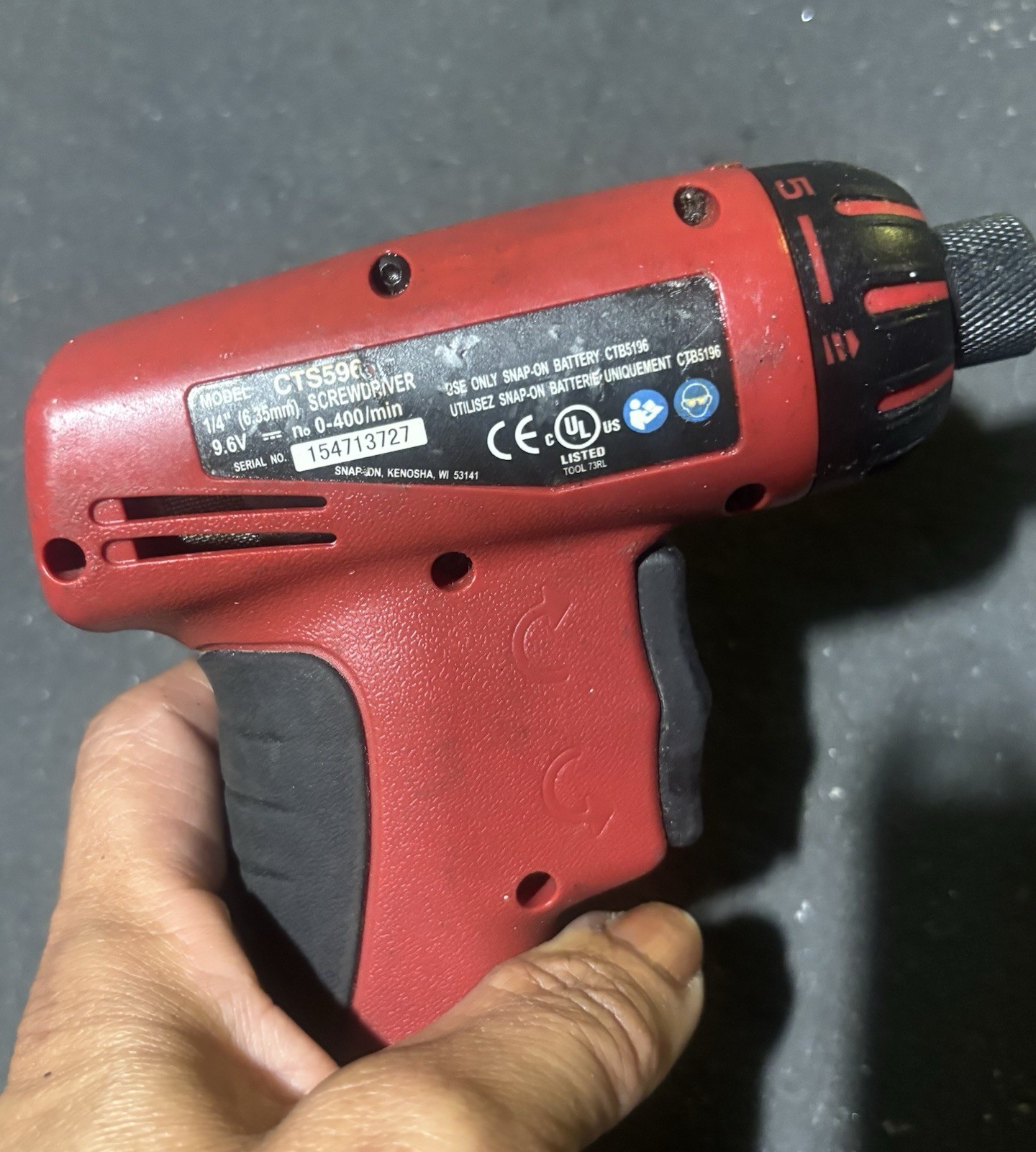 Snap-on CTS596 9.6V Cordless Screwdriver Red Black 1/4" Chuck 0-400 RPM Pistol