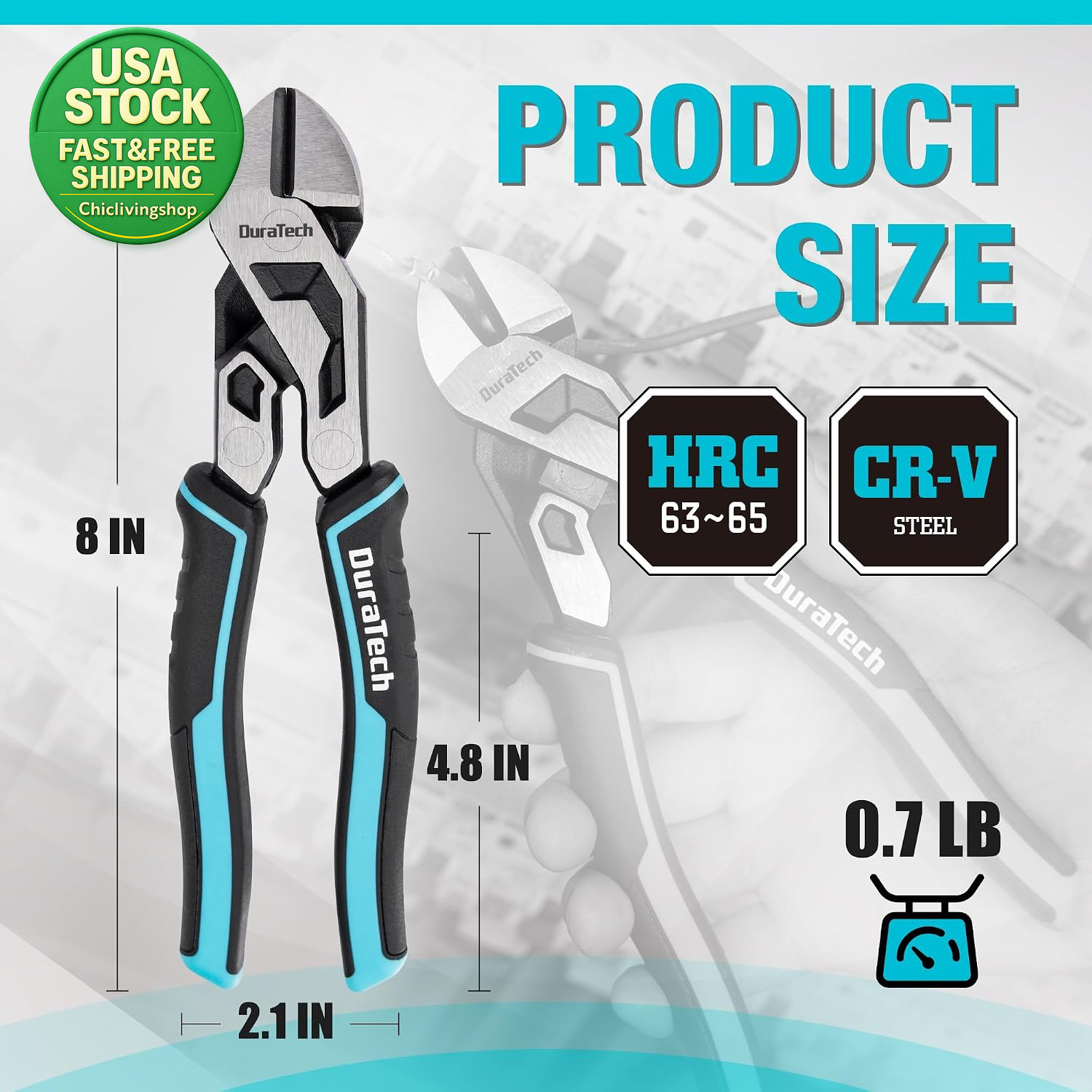 8 Inch Compound Diagonal Cutting Pliers High Leverage CR V Steel Tool