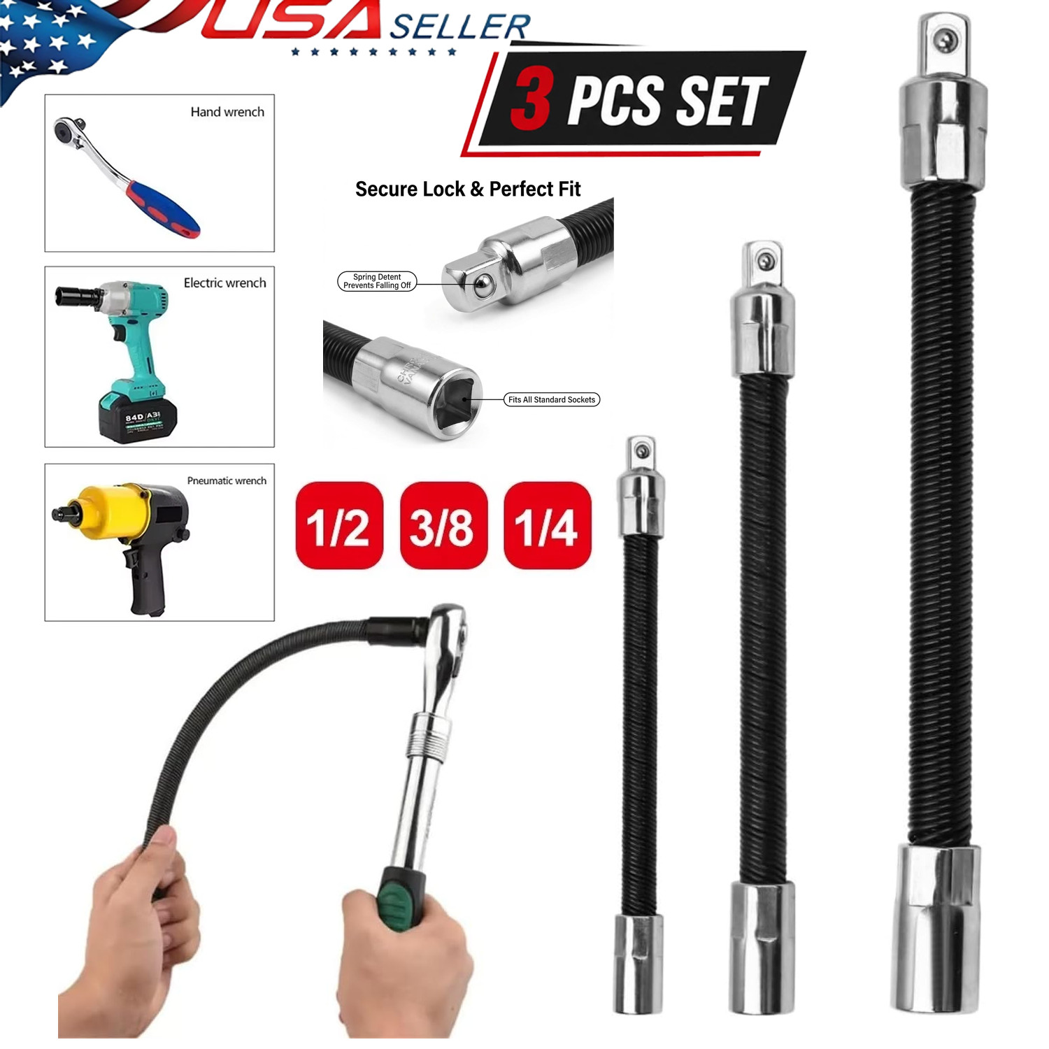 3-Piece 1/2" 1/4" 3/8" Shaft Drive Flexible Socket Extension Bar Sets 10" 8" 6"