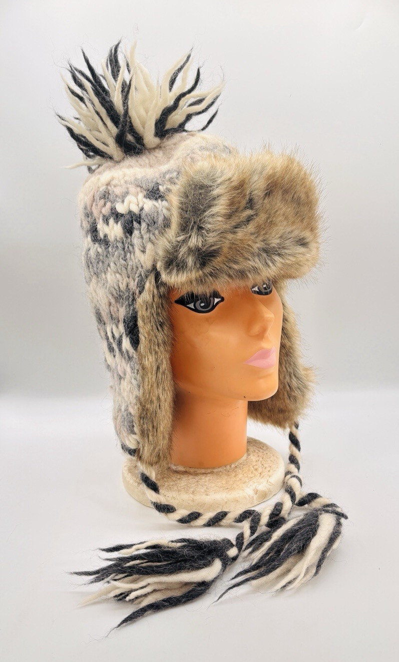 American Eagle Outfitters Trapper Hat Faux Fur Trim Fleece Cap Wool Knit Y2K VTG