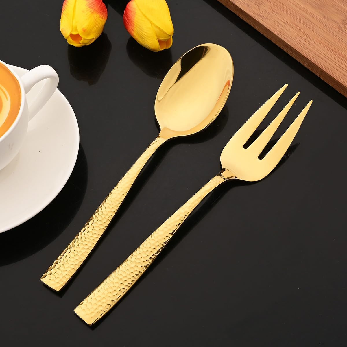 5-Piece Gold Hammered Flatware Hostess Set Stainless Steel Serving Fork Slotted