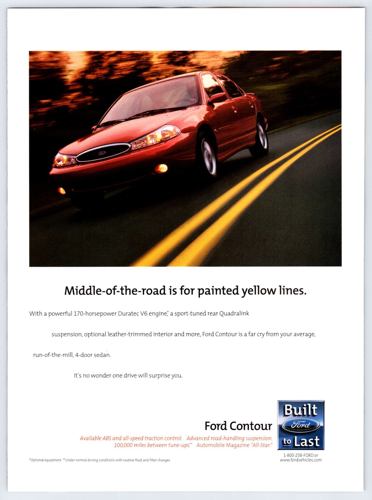 1999 FORD CONTOUR CAR AUTOMOBILE Vintage 8"X11" Magazine Ad 1990's M512