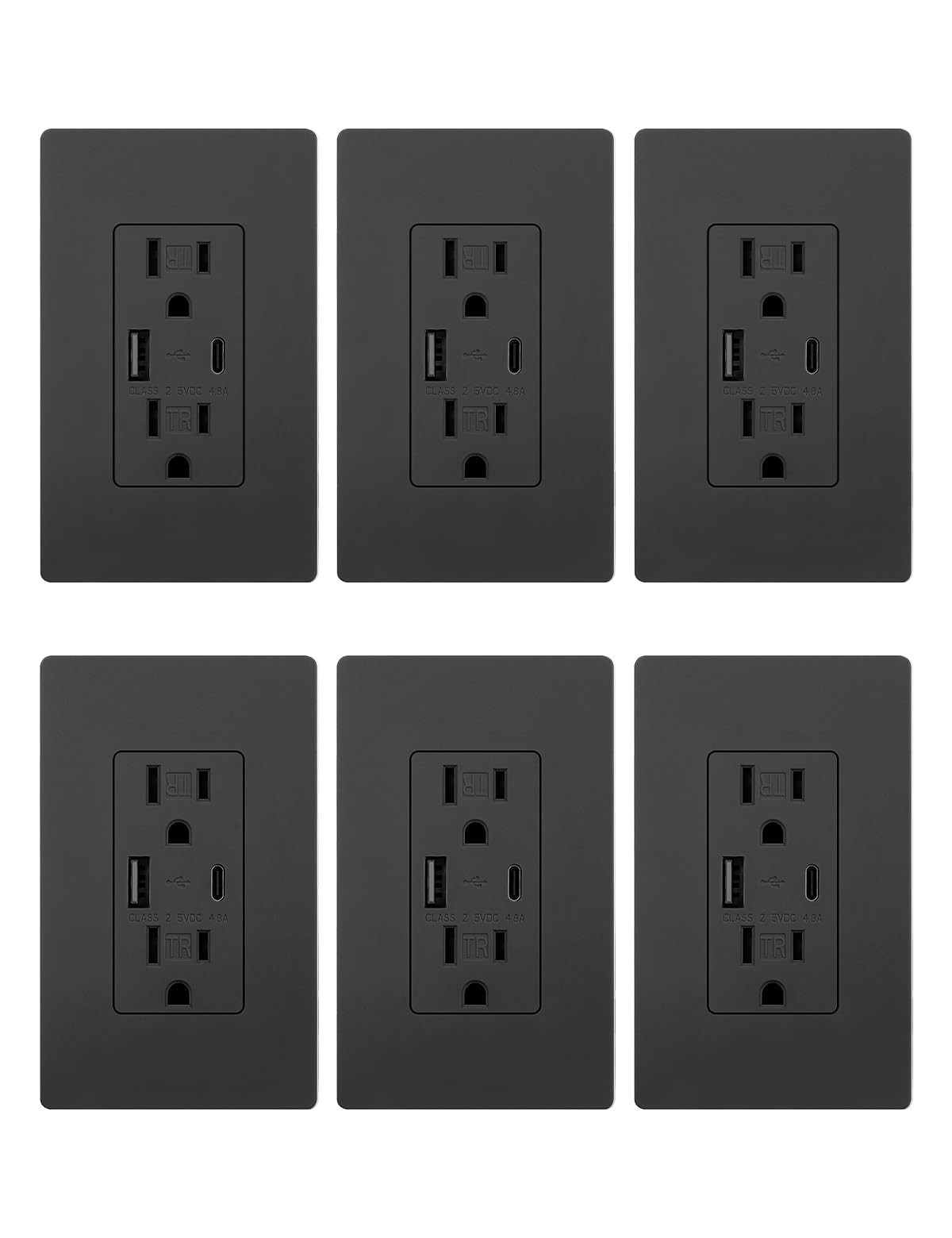 MOES USB Wall Outlet 15 Amp, USB-C and USB-A 24W Charging, Black, 6 Pack