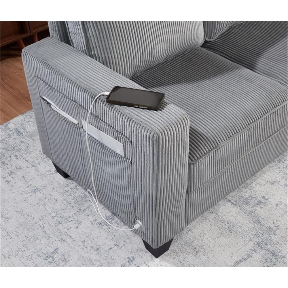 Hawthorne Collections 57"W Corduroy Gray Loveseat Sofa with USB and Side Pockets