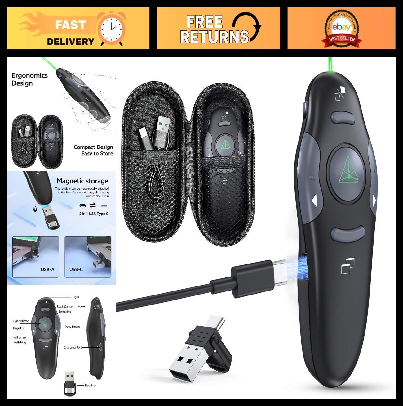 Wireless Presentation Clicker with Case - USB-C Rechargeable Green Laser Pointer