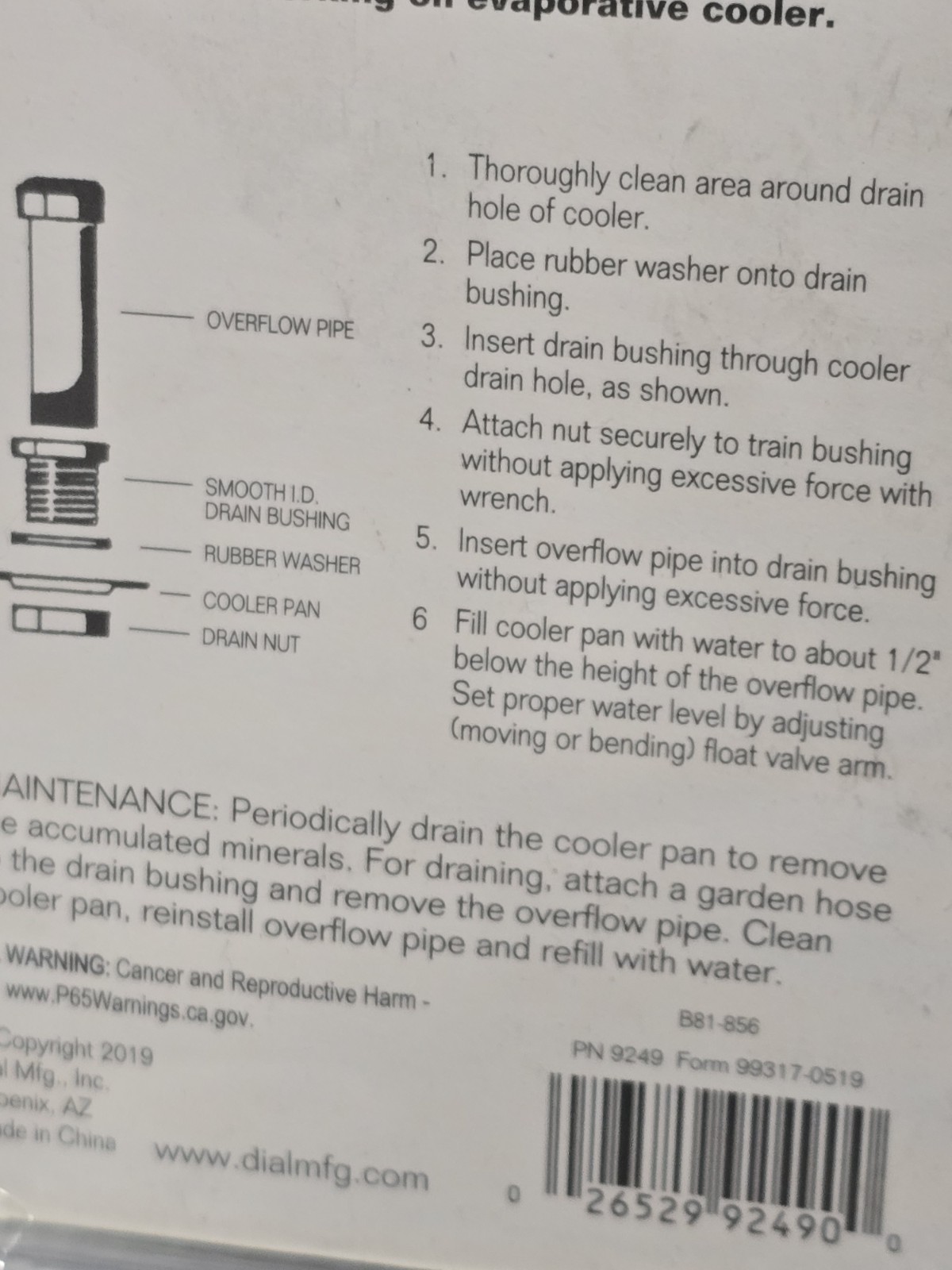 Dial 9249 Black Non-Threaded Poly Drain and Overflow Pipe Kit for Cooler Pan