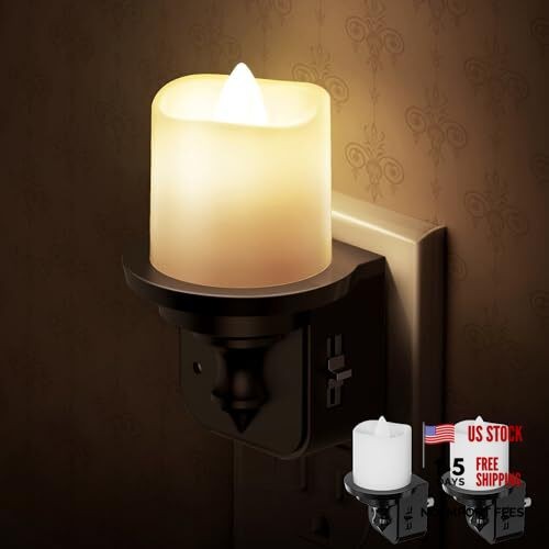 Flameless Candle Night Light, Night Lights Plug into Wall Pack, 2 Black Warm
