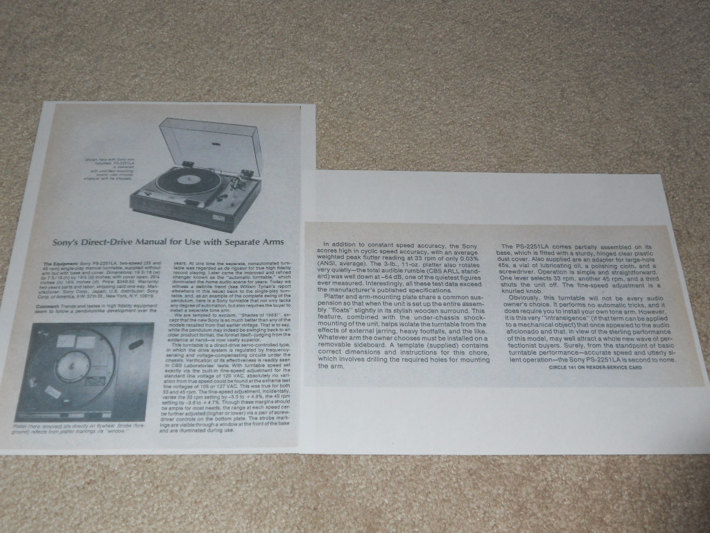 Sony PS-2251LA Turntable Review, 2 pg, 1974, Full Test, Specs