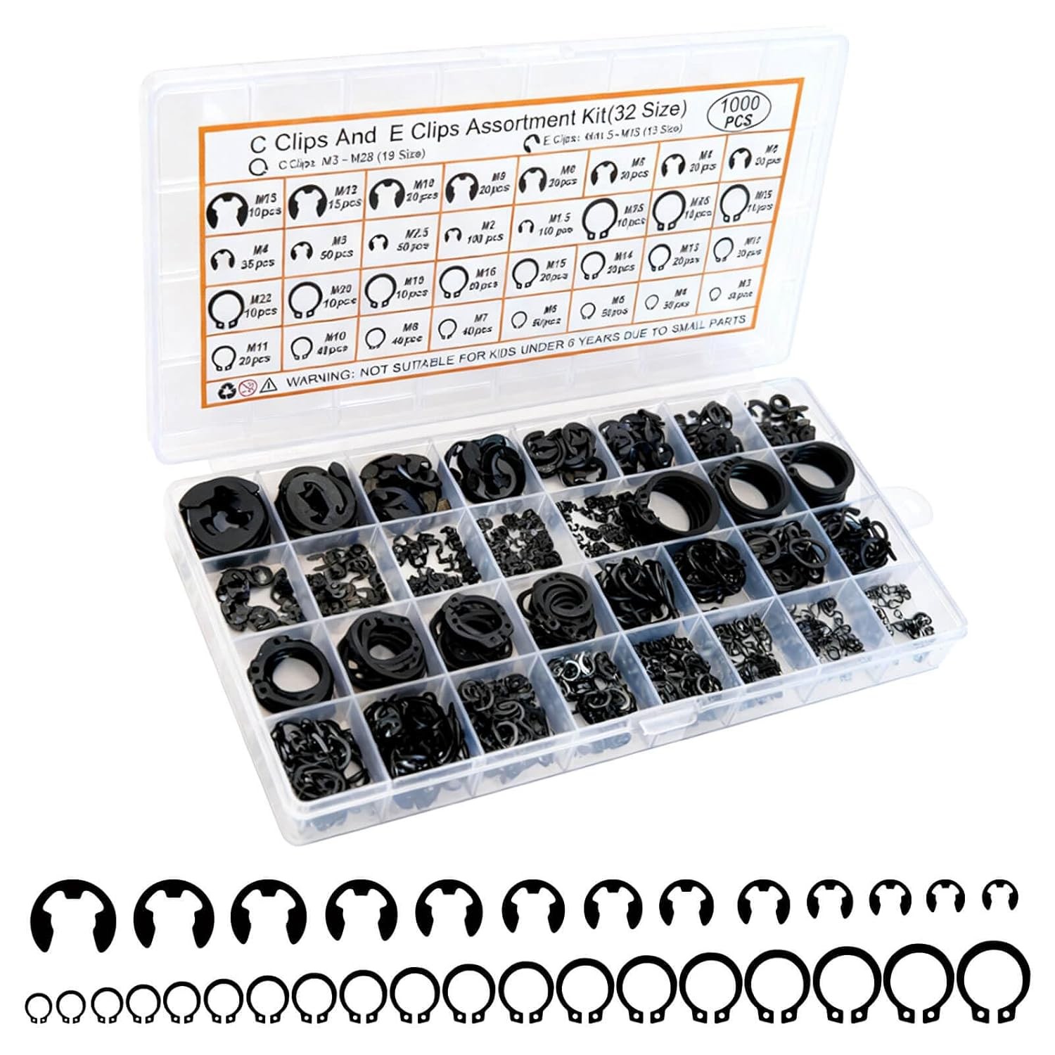 1000PCS C Clips M3 M28 19 Sizes & E Clips 1.5mm 15mm 13 Sizes Black Assortment