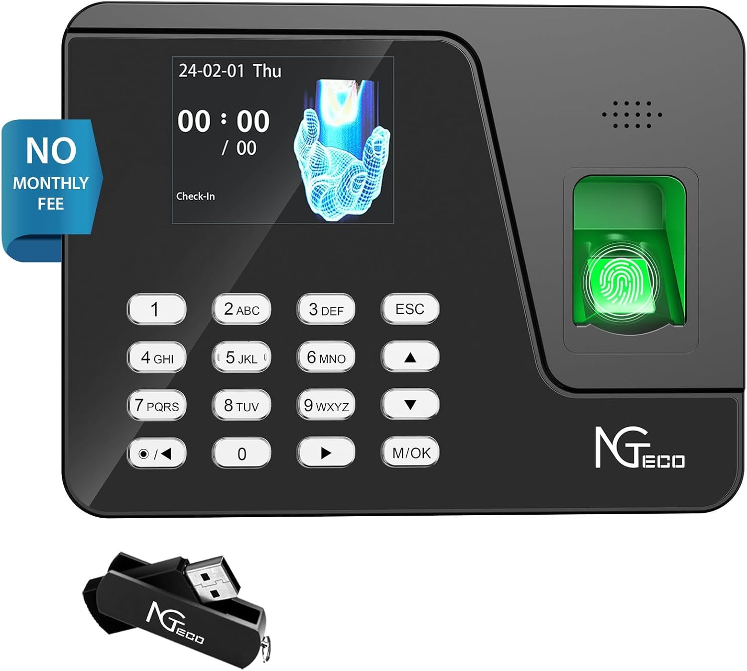NGTeco Fingerprint Time Clock Standalone No Monthly Fees Shift Schedules No WiFi