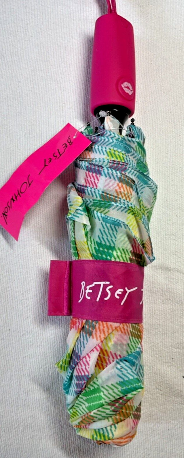BETSEY JOHNSON WOMEN'S UMBRELLA RAINBOW GINGHAM AUTOMATIC OPEN NWT