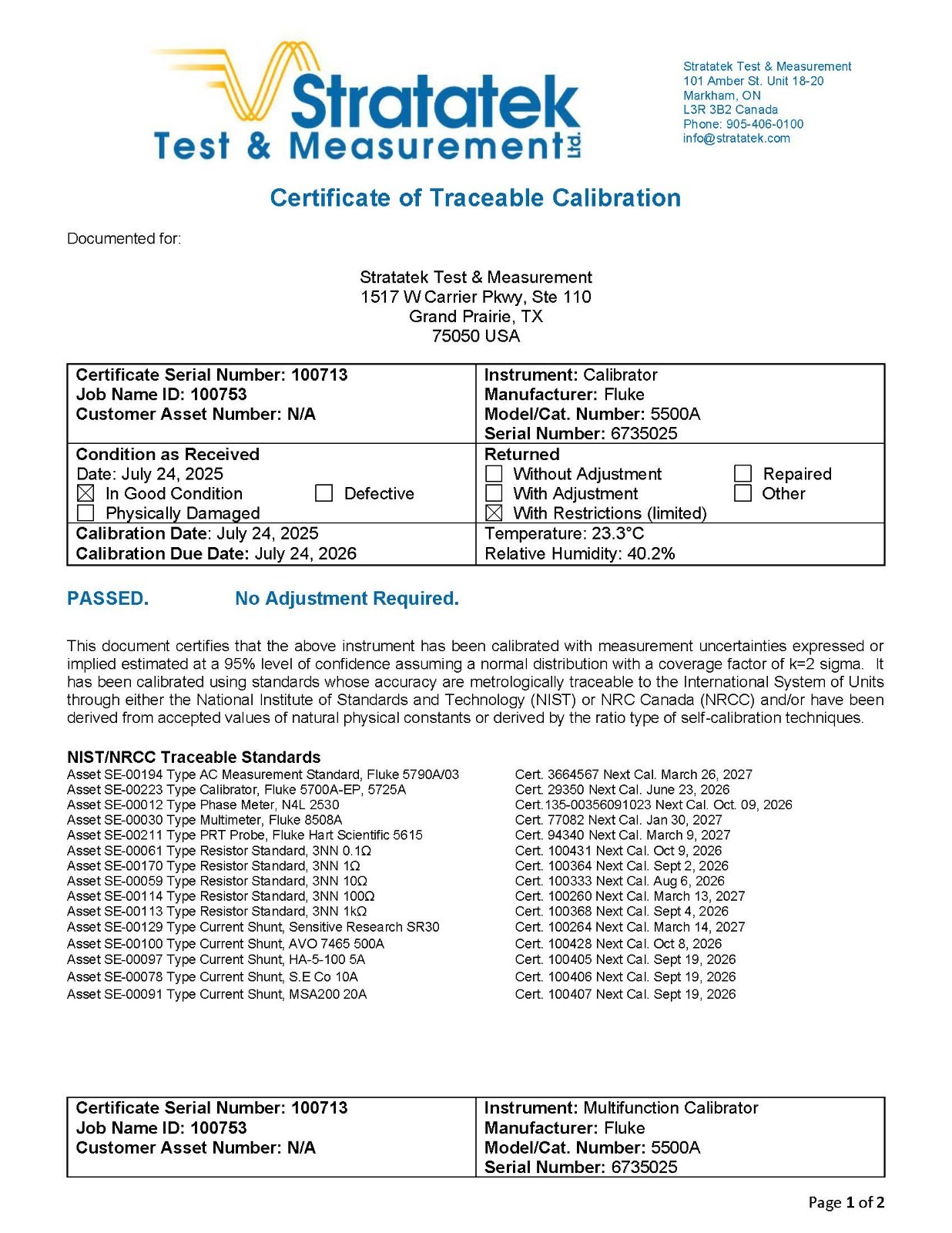Fluke 5500A Multifunction Calibrator NIST Calibrated