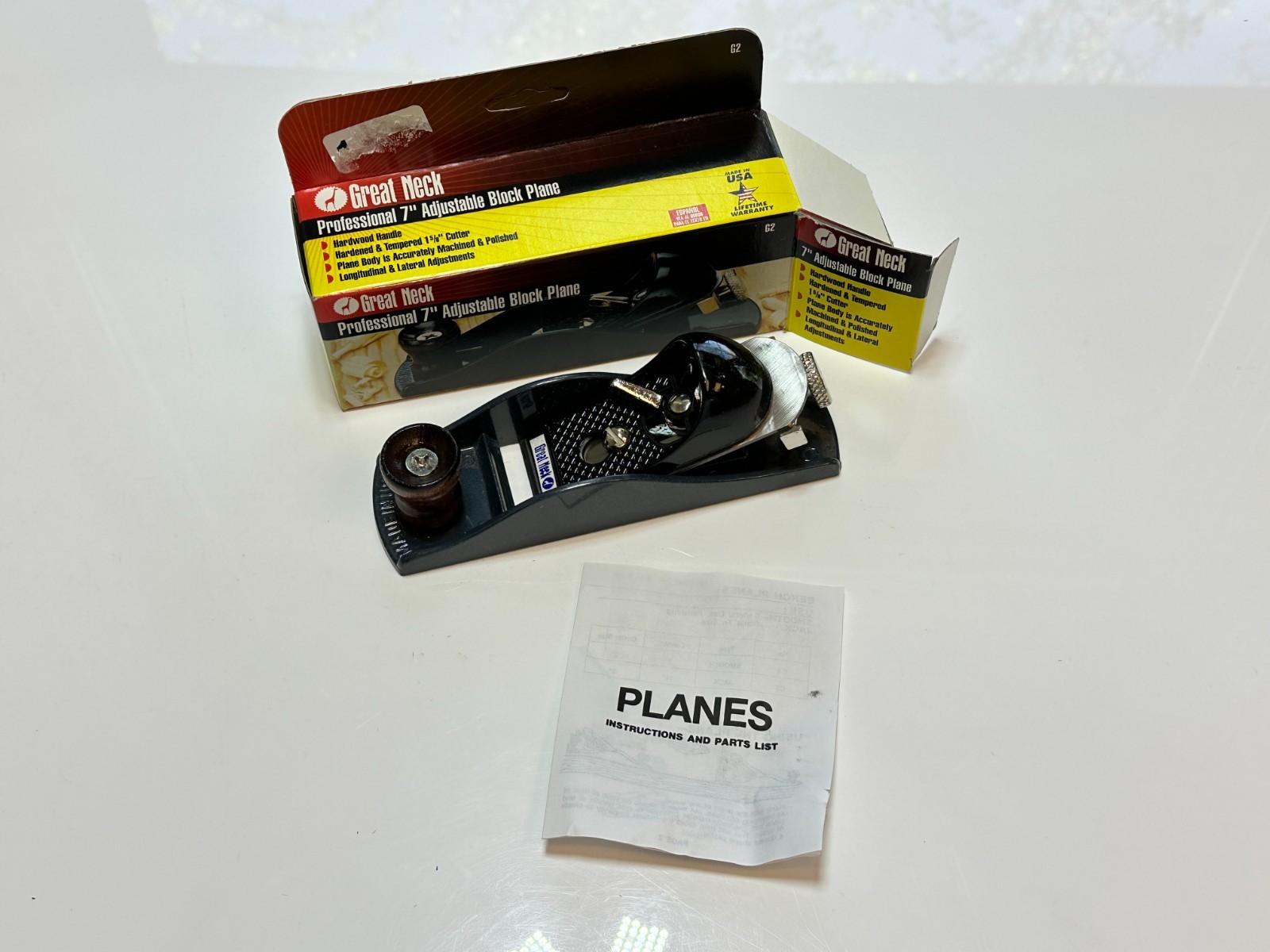 NOS Great Neck 7" Adjustable Wood Block Plane - Made in USA - Original Box