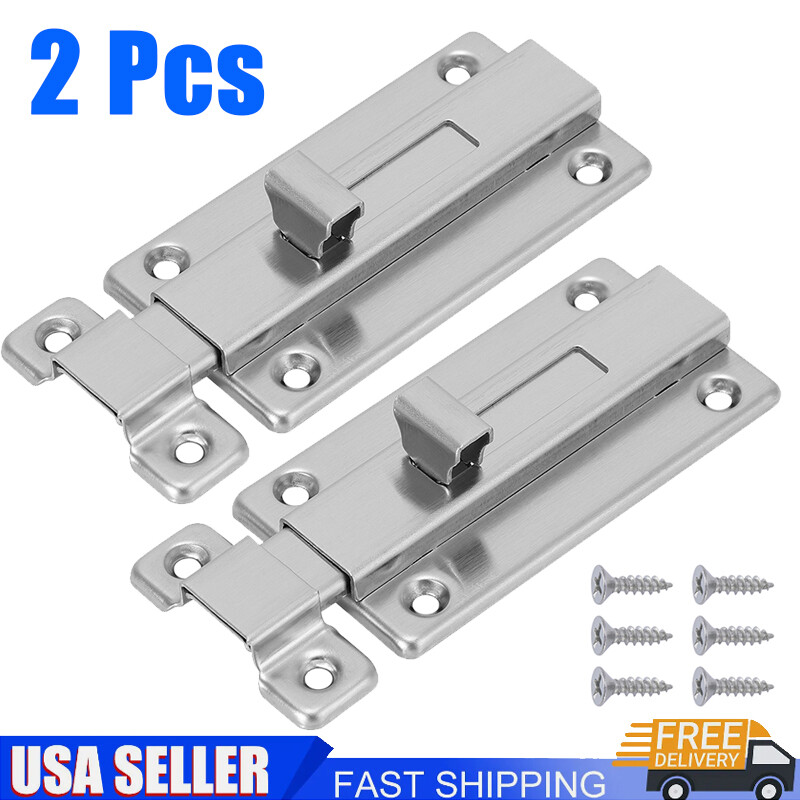 2Pcs Stainless Steel Latch Sliding Silver Doors Lock Keyless Door Bolt For Door