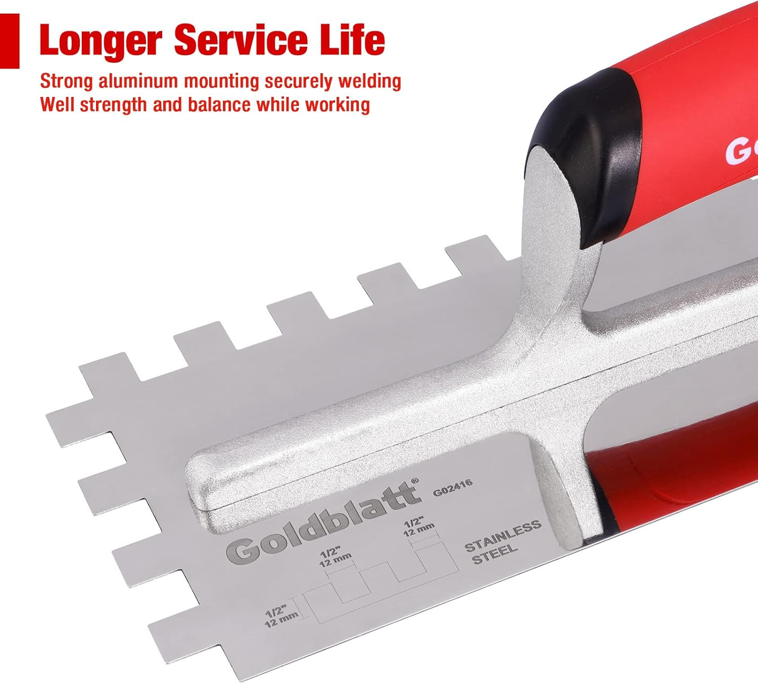 1/2" Square Notch Trowel, Made of Premium Stainless Steel with Soft Grip Handle,