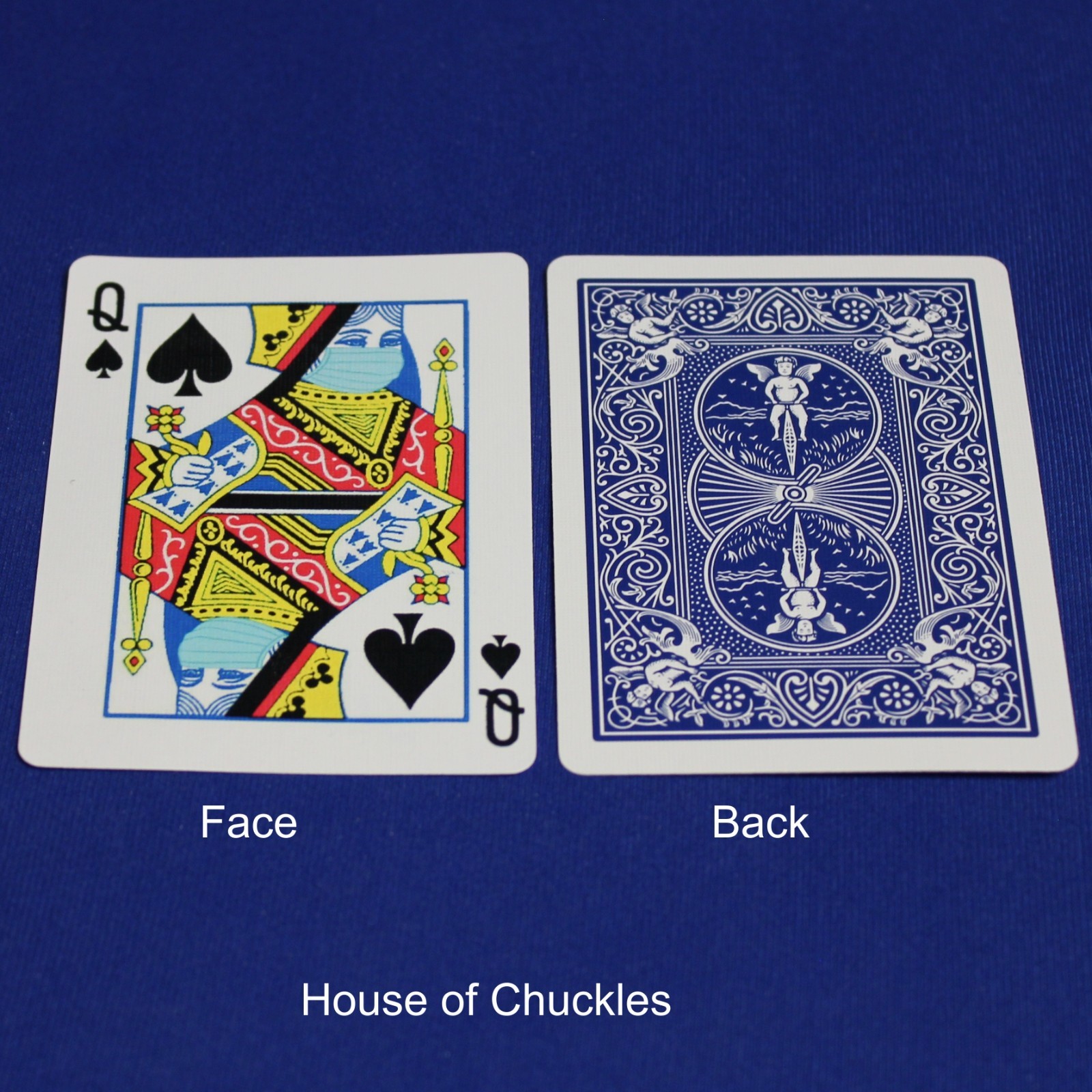 Covid Masked Queen of Spades, Bicycle Printed Gaff Card, Blue
