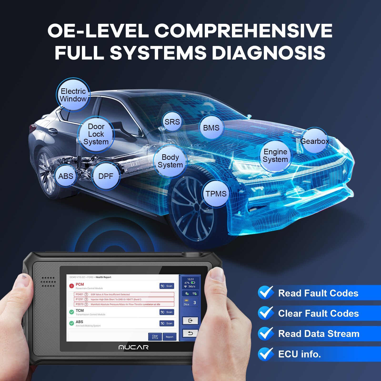 MUCAR OBD2 Scanner Diagnostic Tool All System IMMO Key Cod-ing Reader ABS TPM