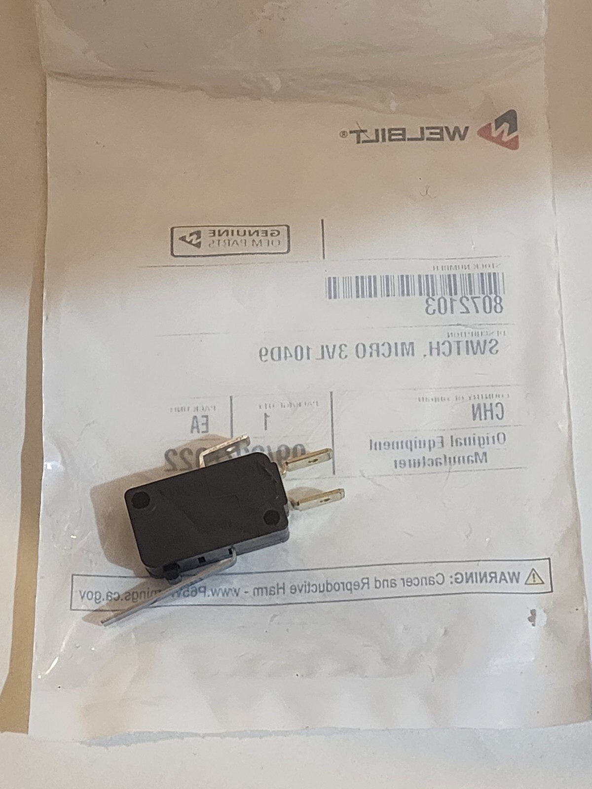 Frymaster 8072103 Microswitch, Straight Lever, genuine OEM part