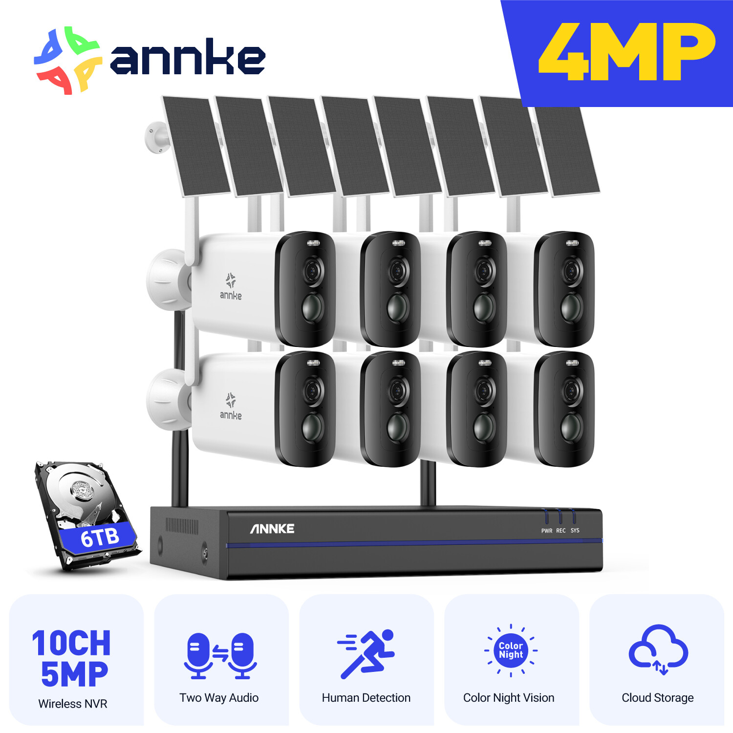 ANNKE 8CH 4MP Wireless Security Camera System Solar Battery Powered 2 Way Audio