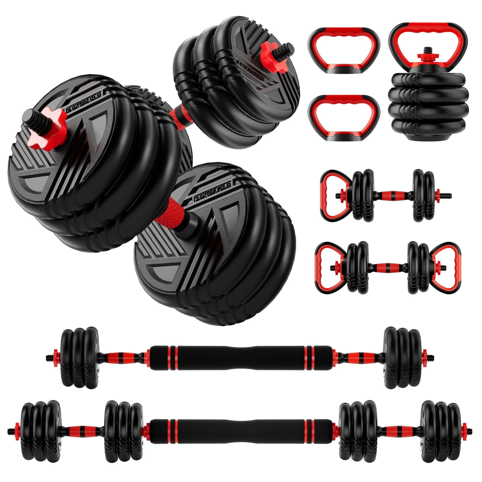 Adjustable Dumbbell Set, 10/20/30/45/70/90lbs, 45LB(22.5LB Pair), Black & Red