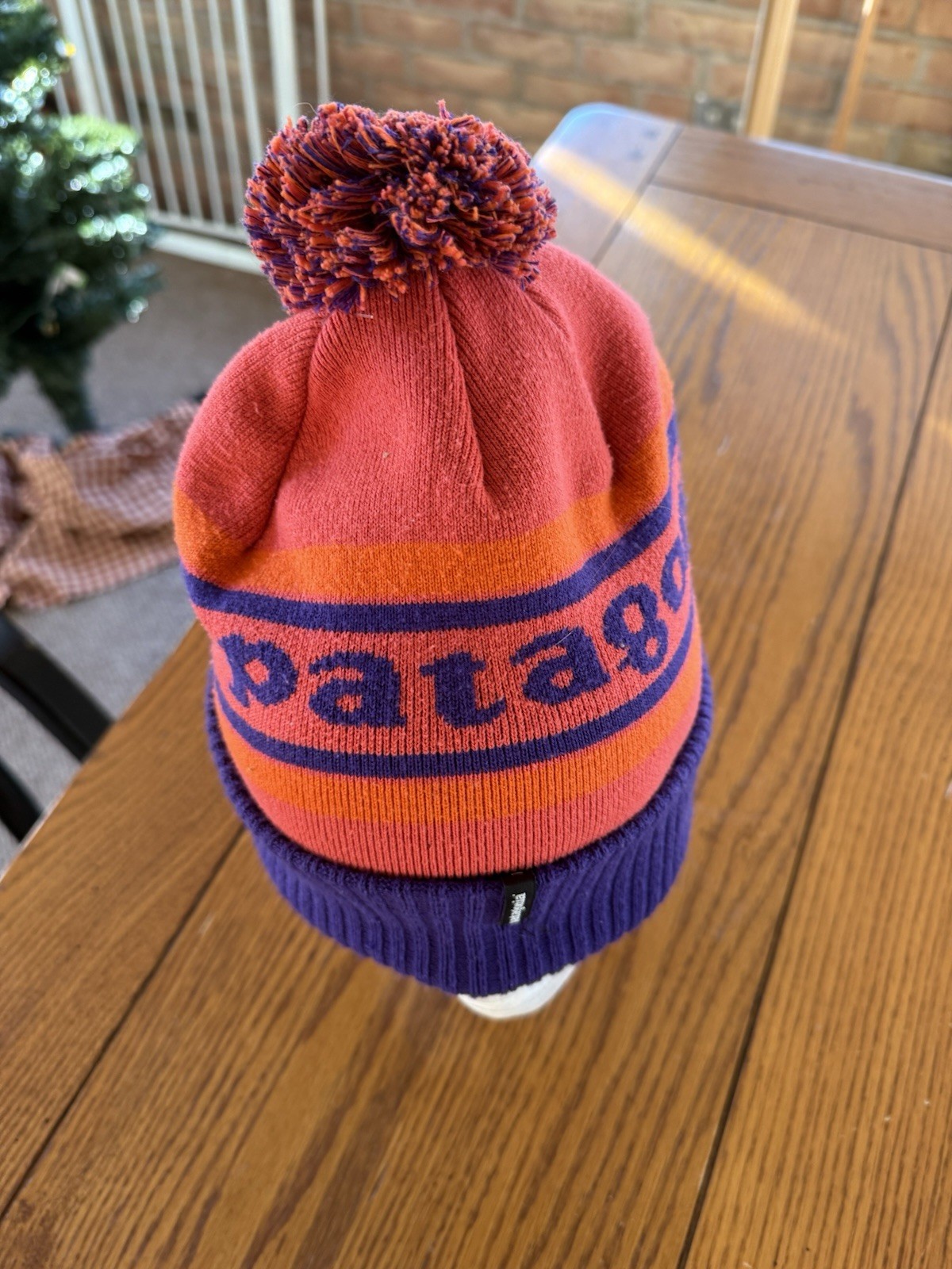 Patagonia Purple & Orange Double Layer Pom Pom Beanie Hat One Size